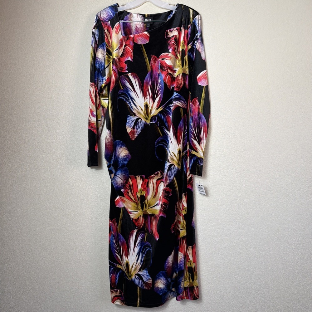INC International Concepts Womens XL Dress Velvet Floral Printed Sheath Ruched